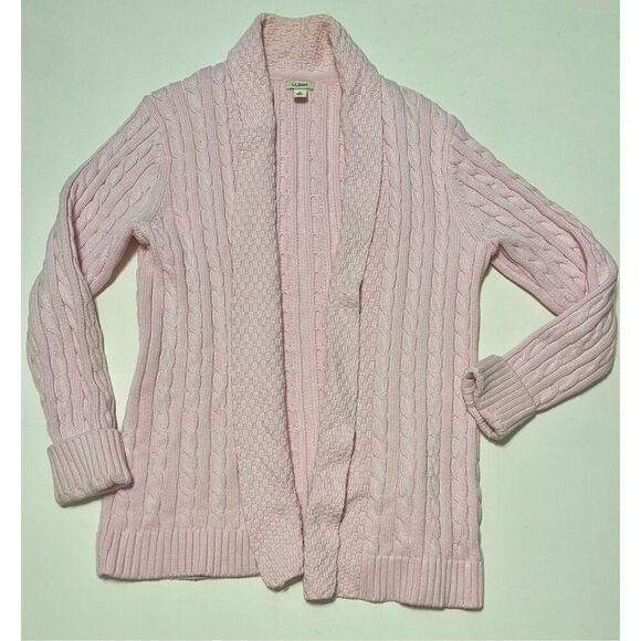LL Bean Cardigan Sweater Womens Medium Pink Cotton Cable Knit - Picture 1 of 7